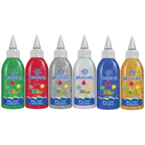 PLASTICOLA® BRILLO SURTIDO 31G x 6 U (azul-plateado-dorado-iridiscente-rojo-verde)